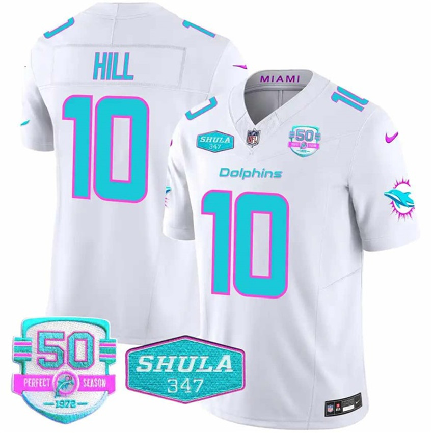 Men's White Miami Dolphins #10 Tyreek Hill F.U.S.E With 347 Shula Patch And 50th Perfect Season Patch Vapor Limited Stitched Football Jersey